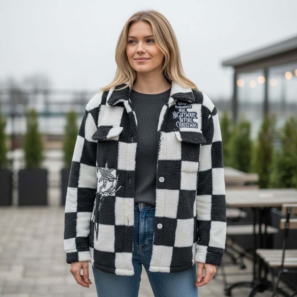 Disney The Nightmare Before Christmas fuzzy checkerboard button-up jacket XL NBC